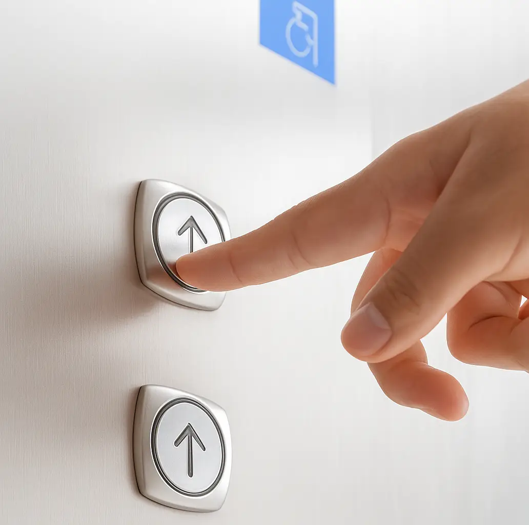 "Finger pressing elevator call button on stainless steel panel