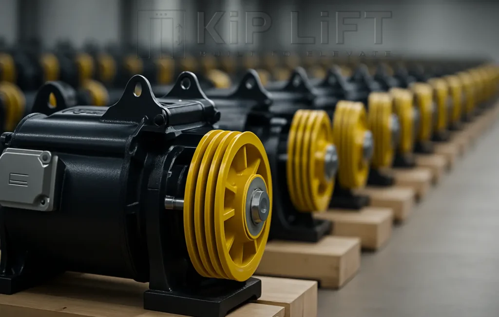 Elevator components in production and storage – motors, door systems, electronics, safety parts