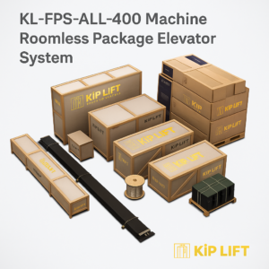 Machine Roomless elevator full package KL-FPS-ALL-400 by KiP LiFT, including cabin, doors, rails, traction machine and control system.