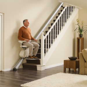 KL-FPS-ALL-700 curved and straight stair accessibility system with modular rail and foldable seat design.